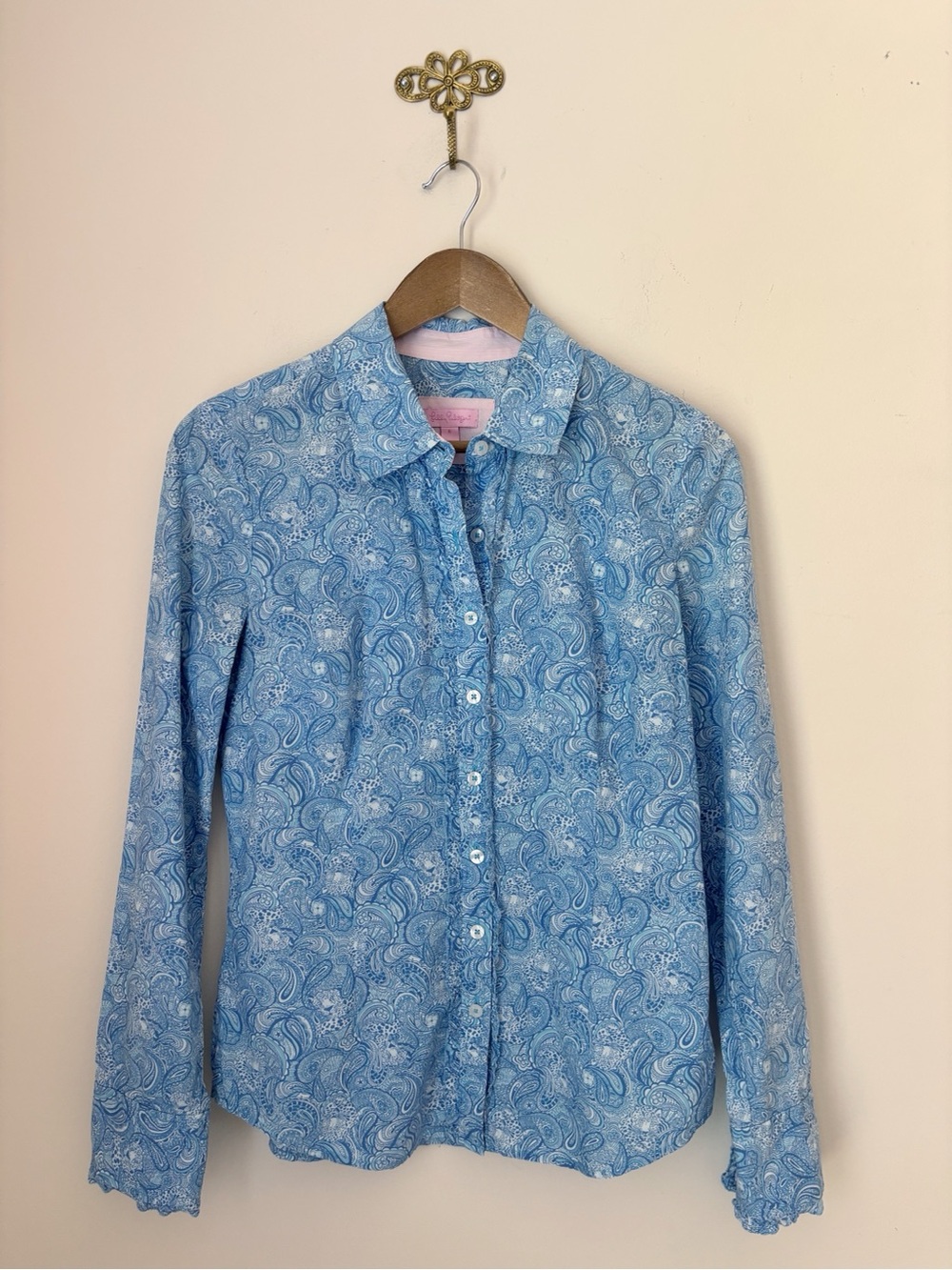 Lilly Pulitzer Blue Paisley Leopard Print Ruffle Shirt Sz 6